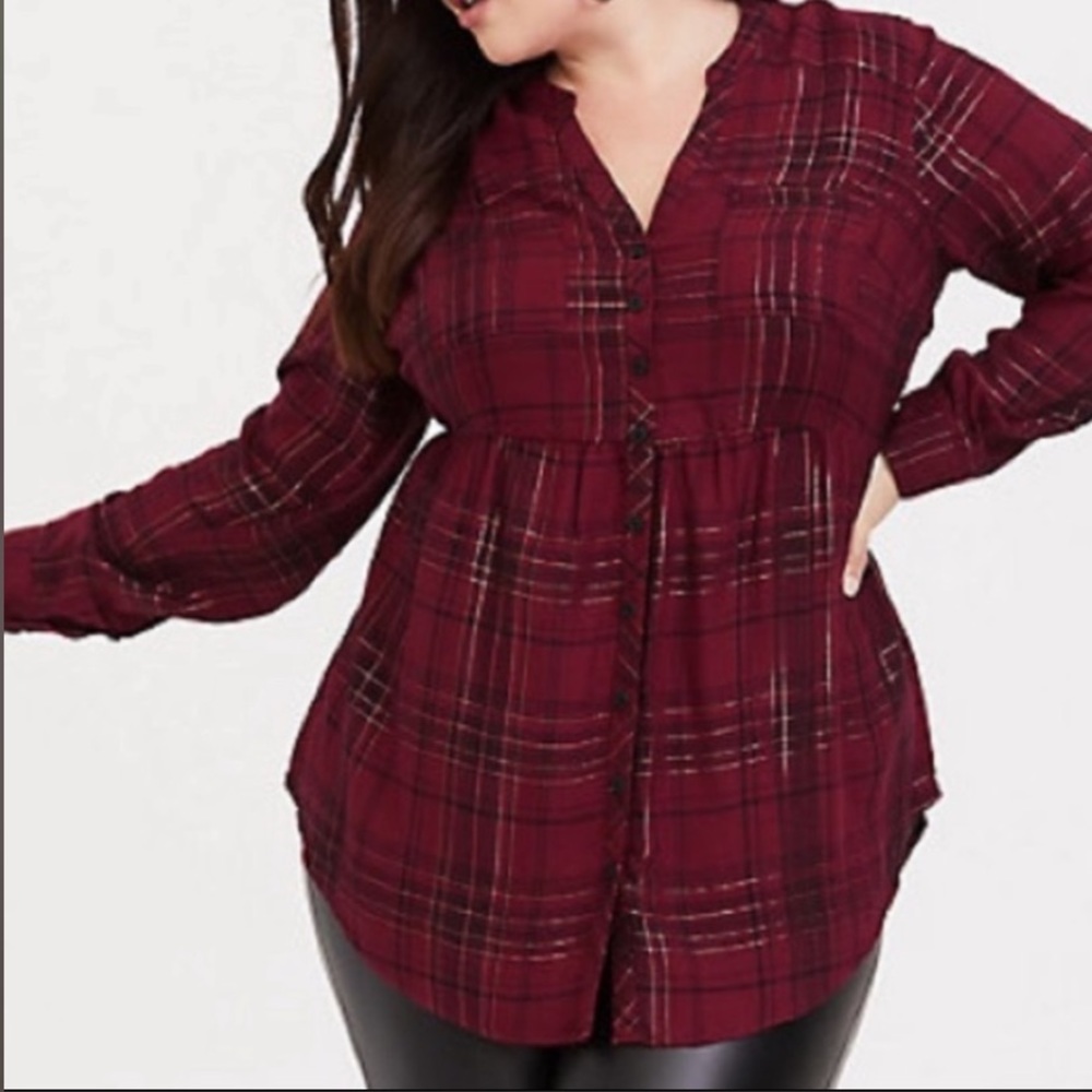 Torrid Red Plaid Metallic Button Down Shirt -1X